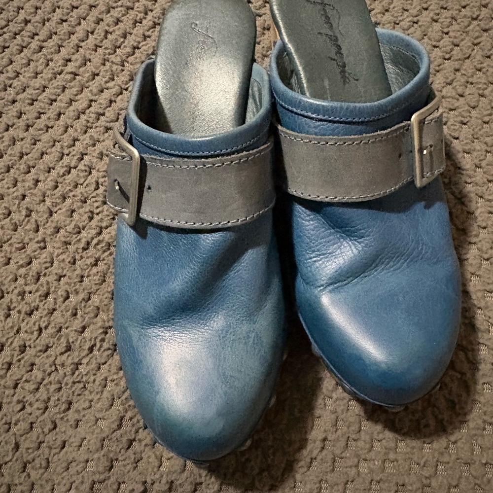Free People Blue and Gray Mules with Velcro Strap